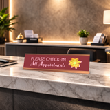 Please Check-In All Appointments, Flower Gold Frame Desk Sign (2 x 8")