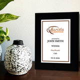 Barista Competition Customizable Black Frame Award Plaque | Easel Mount Option | Achievement and Recognition Personalizable Plaques