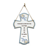 For God gave us a spirit not of fear but of power and love and self-control. Timothy 1:7 11.5" x 8" Cross Hanging Sign | Rustic Twine | Inspiring Religious Bible Decor