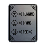 Signs ByLITA Portrait Round No Running, No Diving, No Peeing Door or Wall Sign | Easy Installation | Elegant Design | Pool Safety