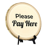 Customer Interaction Rustic Wood Discs – Natural Bark-Edge with a Sleek Black Acrylic Easel