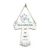 For we walk by faith, not by sight. Corinthians 5:7 11.5" x 8" Cross Hanging Sign | Rustic Twine | Inspiring Religious Bible Decor