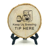 Coffee Themed Tips Rustic Wood Discs – Natural Bark-Edge with a Sleek Black Acrylic Easel