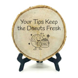 Coffee & Food Themed Tips Rustic Wood Discs – Natural Bark-Edge with a Sleek Black Acrylic Easel