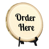 Customer Interaction Rustic Wood Discs – Natural Bark-Edge with a Sleek Black Acrylic Easel