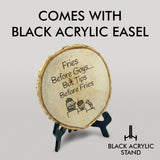 Coffee & Food Themed Tips Rustic Wood Discs – Natural Bark-Edge with a Sleek Black Acrylic Easel