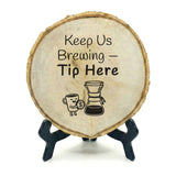 Coffee Themed Tips Rustic Wood Discs – Natural Bark-Edge with a Sleek Black Acrylic Easel