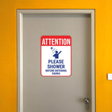 Portrait Round Plus Attention Please Shower Before Entering Sauna Wall or Door Sign | Indoor Gym Signage