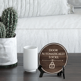 Door Automatically Locks Circle Table Sign with Acrylic Stand (5x5") | Patron Guest Comfort and Safety Sign