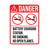 Portrait Round Plus Danger Battery Charging Station. No Smoking Or Open Flames. Door or Wall Sign | Health & Safety Signage