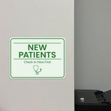 Classic Framed Plus New Patients – Check In Here First Door or Wall Sign | Medical Facility Greeting & Reception