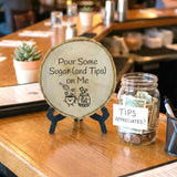 Coffee Themed Tips Rustic Wood Discs – Natural Bark-Edge with a Sleek Black Acrylic Easel