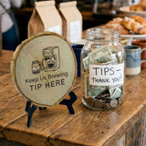 Coffee Themed Tips Rustic Wood Discs – Natural Bark-Edge with a Sleek Black Acrylic Easel