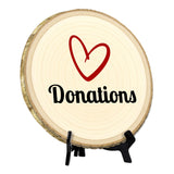 Customer Interaction Rustic Wood Discs – Natural Bark-Edge with a Sleek Black Acrylic Easel