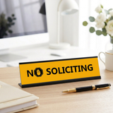 No Soliciting, Black Frame Desk Sign (2x8")