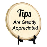 Customer Interaction Rustic Wood Discs – Natural Bark-Edge with a Sleek Black Acrylic Easel