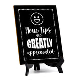 Signs ByLITA Your Tips Are Greatly Appreciated (Smiley vector) Table Sign with Acrylic Stand (6x8“)