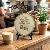 Coffee & Food Themed Tips Rustic Wood Discs – Natural Bark-Edge with a Sleek Black Acrylic Easel