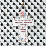 He will cover you with his feathers, and under his wings you will find refuge Cross Hanging Sign | Rustic Twine | Inspiring Religious Bible Decor