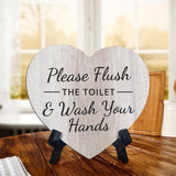 Signs ByLITA Heart Please Flush The Toilet & Wash Your Hands, Wood Color, Table Sign (6"x5")