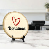 Customer Interaction Rustic Wood Discs – Natural Bark-Edge with a Sleek Black Acrylic Easel