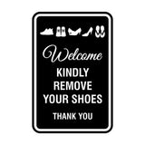 Portrait Round Welcome Kindly Remove Your Shoes Thank You Sign with Adhesive Tape, Mounts On Any Surface, Weather Resistant