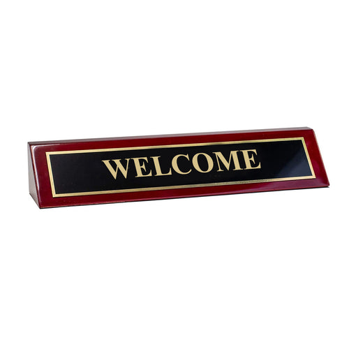 Piano Finished Rosewood Standard Engraved Desk Name Plate 'Welcome', 2" x 8", Black/Gold Plate
