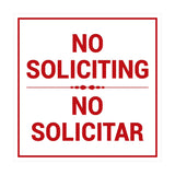Square No Soliciting No Solicitar Sign with Adhesive Tape, Mounts On Any Surface, Weather Resistant