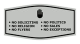 Fancy No Soliciting No Politics No Religion No Sales No Flyers No Exceptions Wall or Door Sign