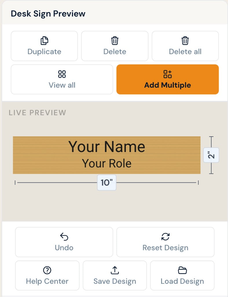 Live desk sign preview of a wood name and role sign