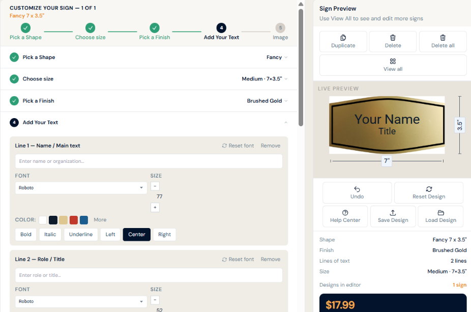Sign designer showing text controls and a personalized brushed gold sign preview