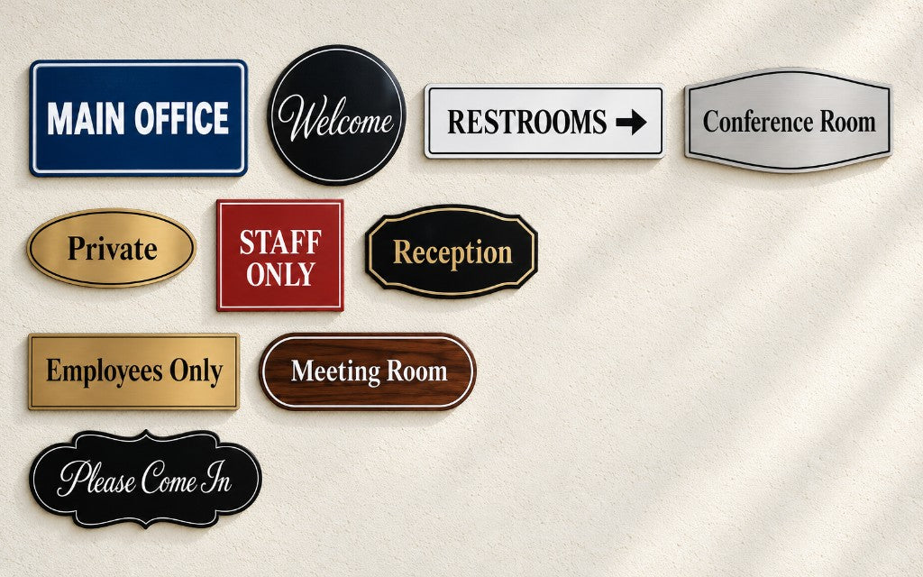 Personalized office signs in blue, black, white, red, gold, brushed silver and woodgrain finishes