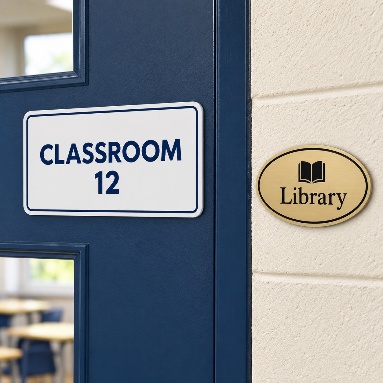 Classroom 12 sign on a blue door beside a gold library plaque