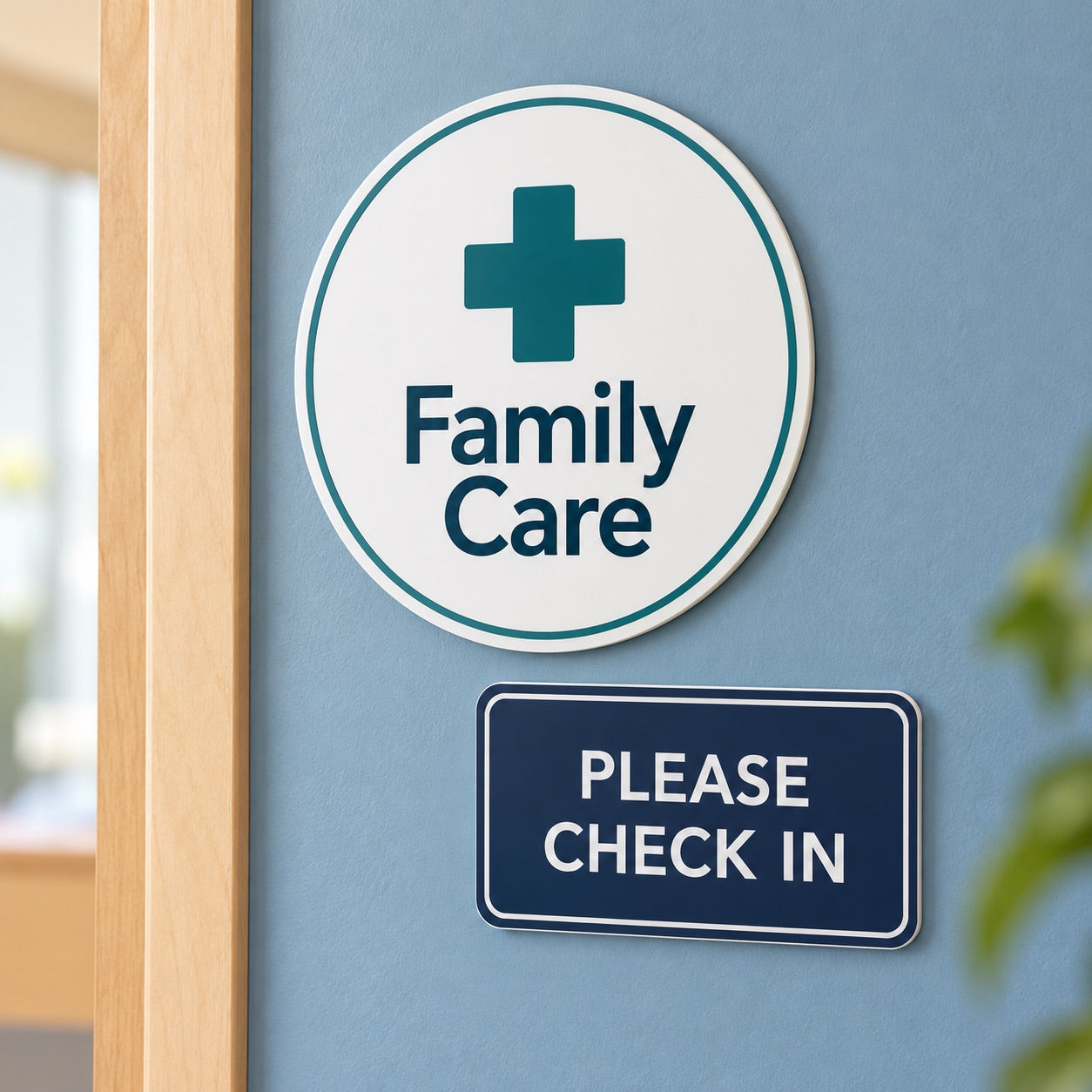 Family Care sign and please check in sign on a clinic wall
