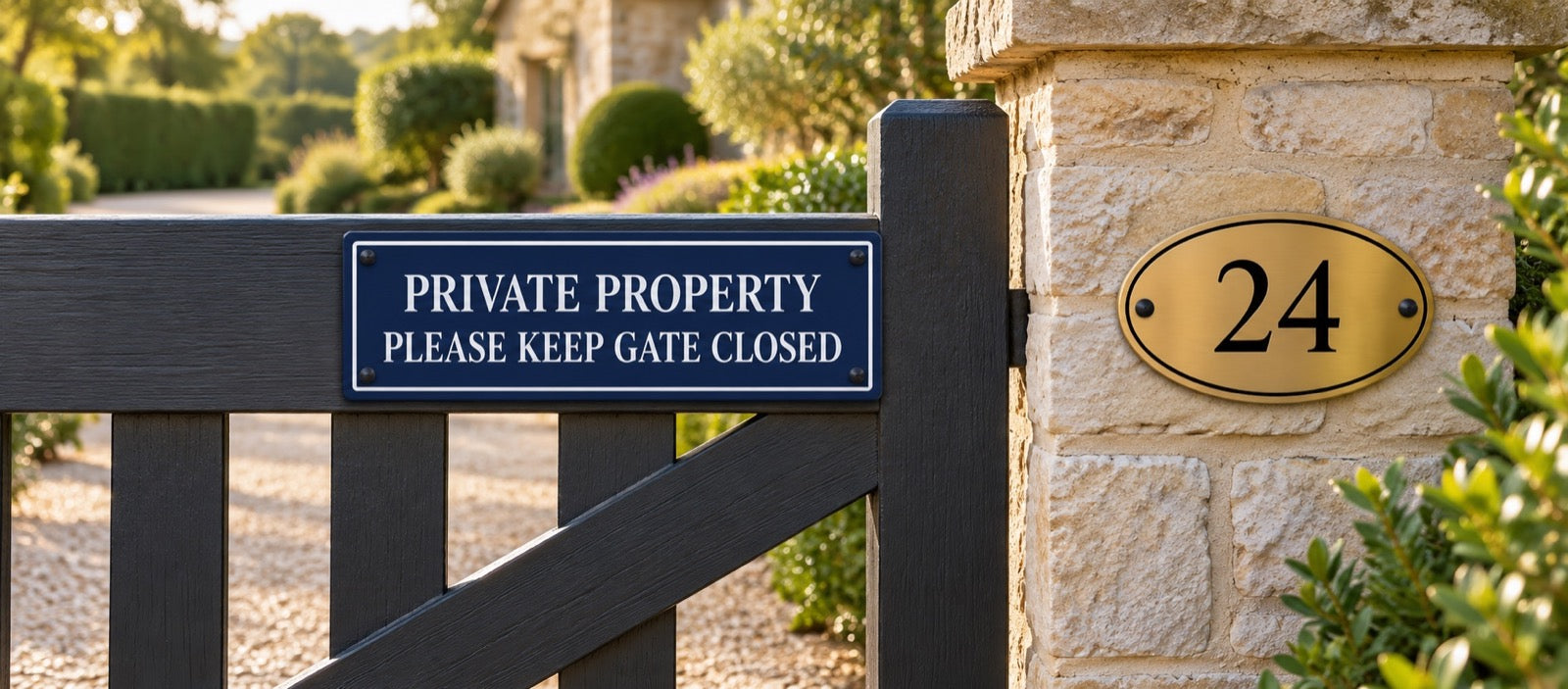 Private property sign on a black gate beside gold house number 24