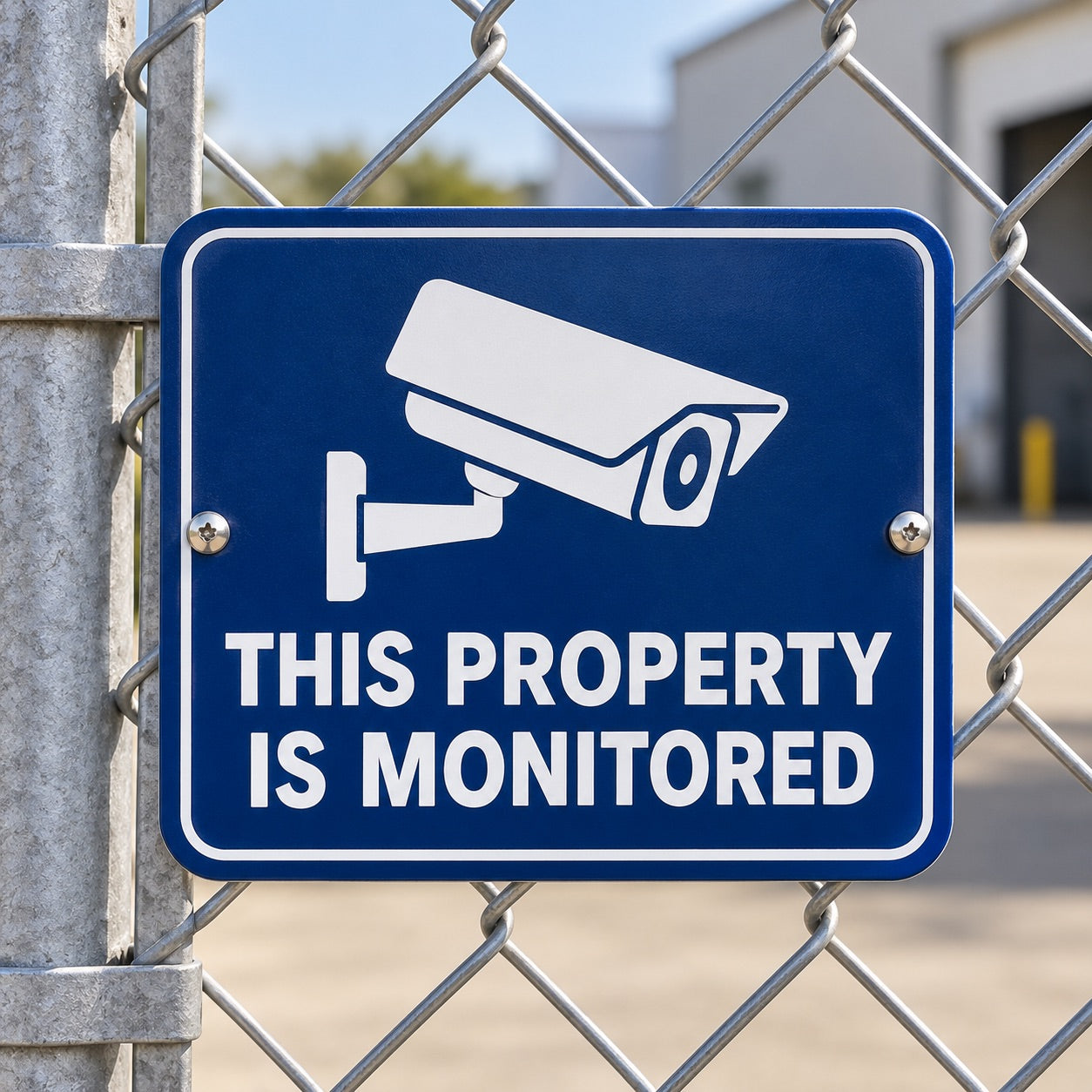 Blue this property is monitored sign on a chain-link fence
