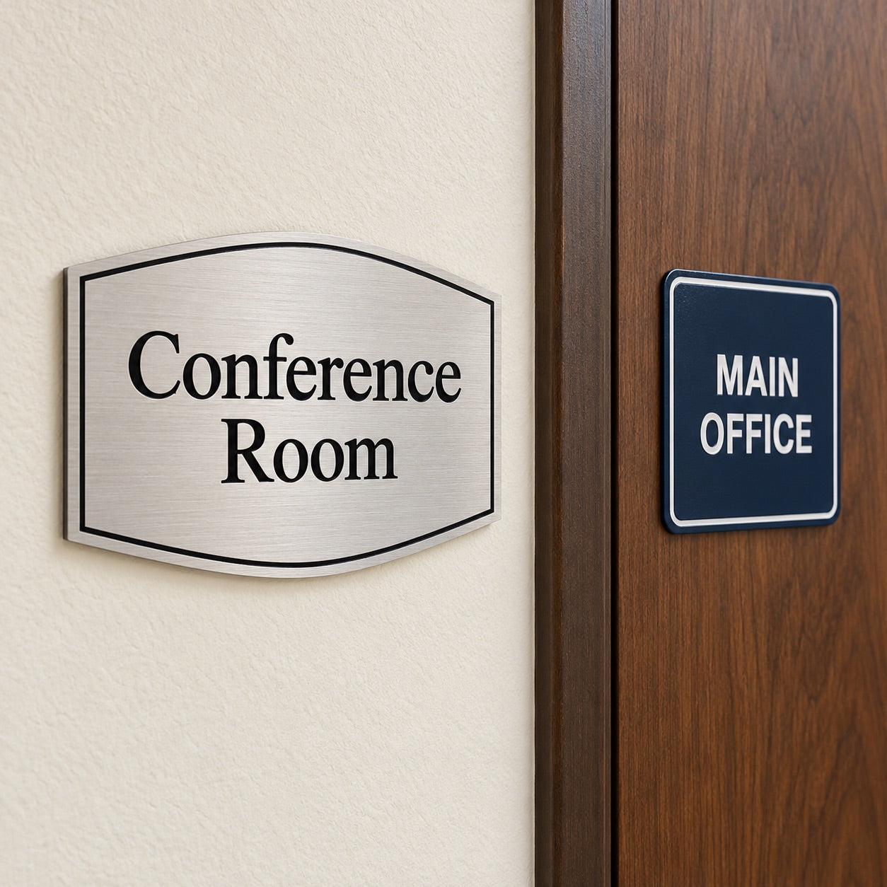 Brushed metal conference room sign beside a main office sign on a wood door