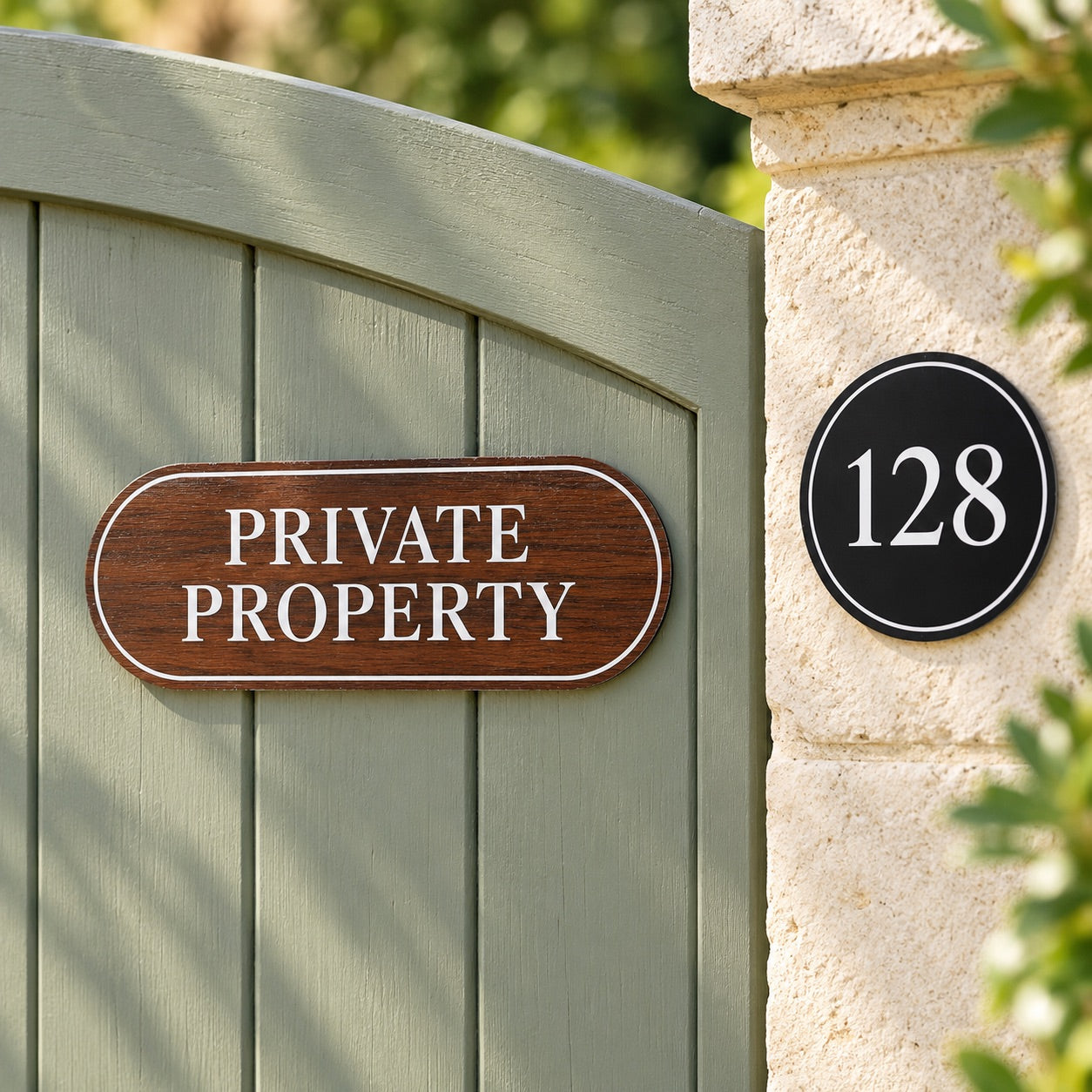 Wood private property sign on a green gate beside house number 128