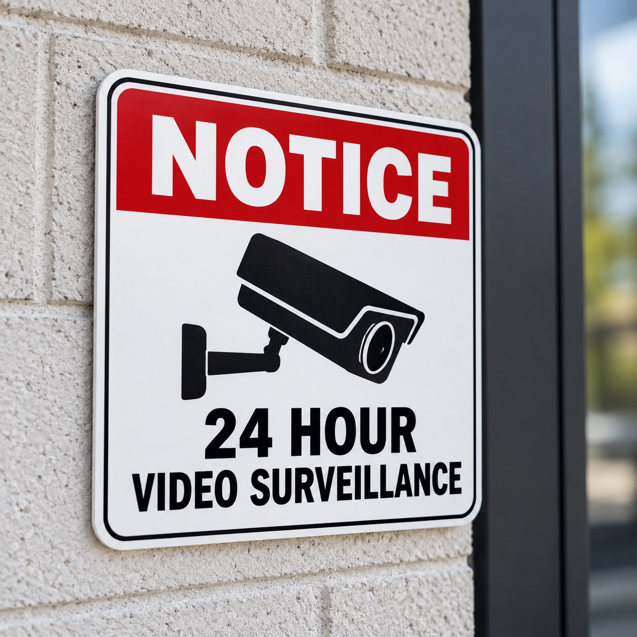 Notice sign for 24 hour video surveillance mounted on a brick wall